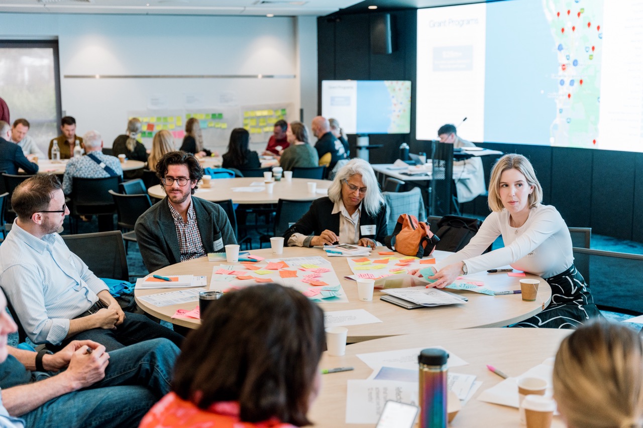 Partners working at tables during a Meshpoints workshop